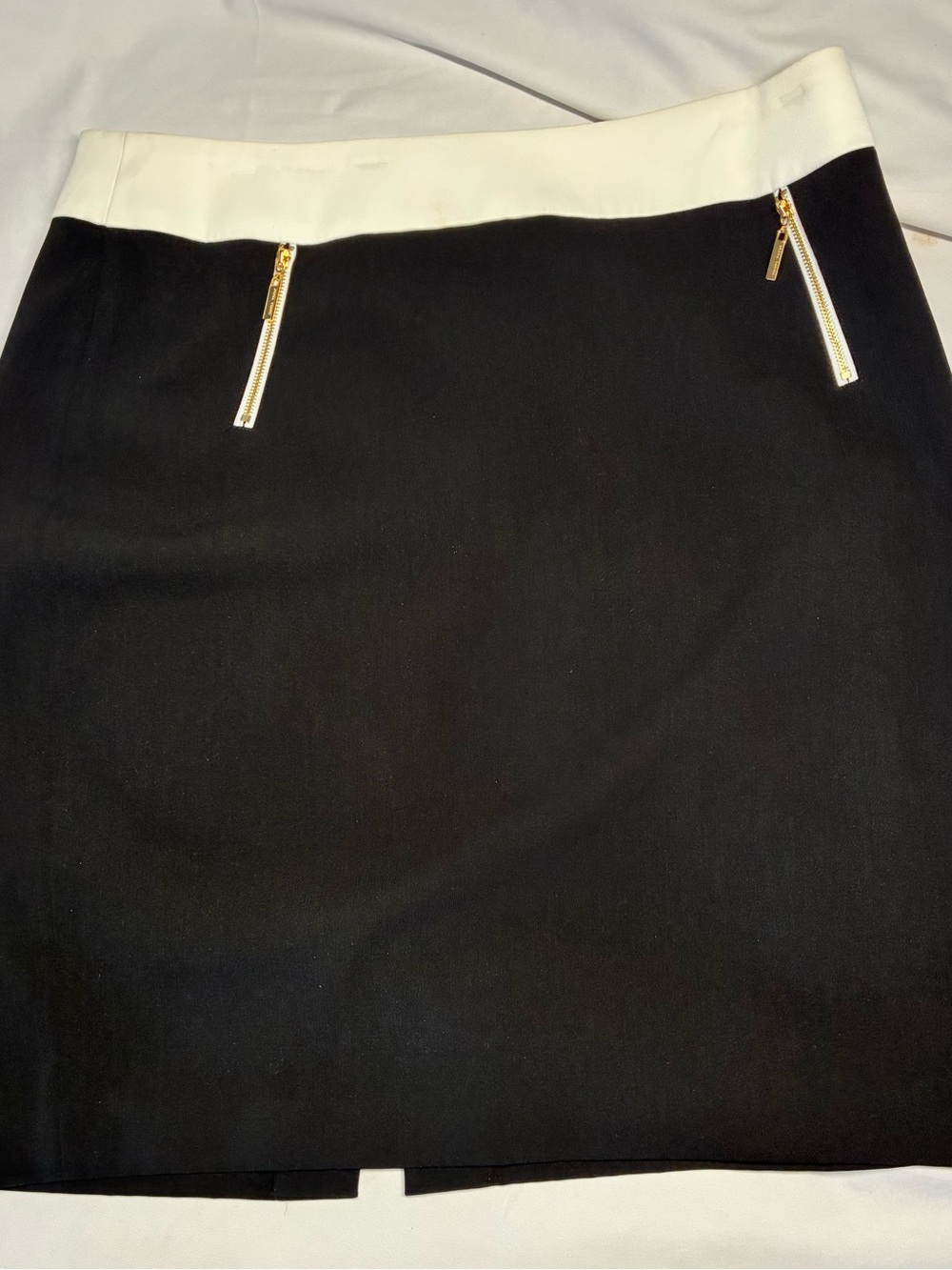 Ivanka Trump Black Pencil Skirt with White Waistband and Gold Zippers